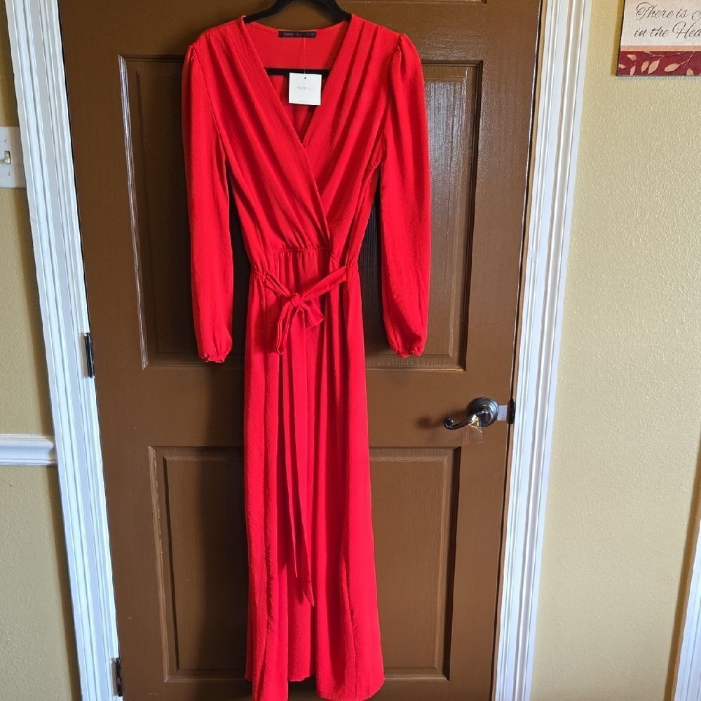 Fraiche by J-Red crinkled fabric long sleeved V neck A line dress Sz S. NWT. - Picture 1 of 12